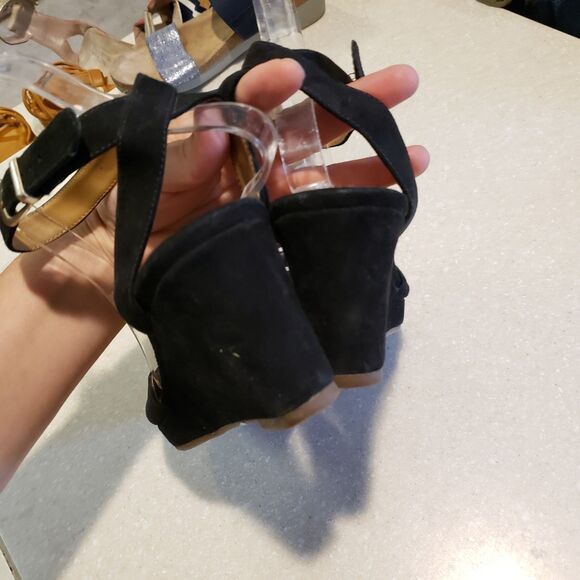 Clarks Flores Raye Black Suede Peek-Toe Wedges - Size 9.5M - Picture 5 of 8